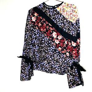 MOTHER OF PEARL 100% Silk Purple Floral Top Bell Sleeves Velvet Ties Top Size 4
